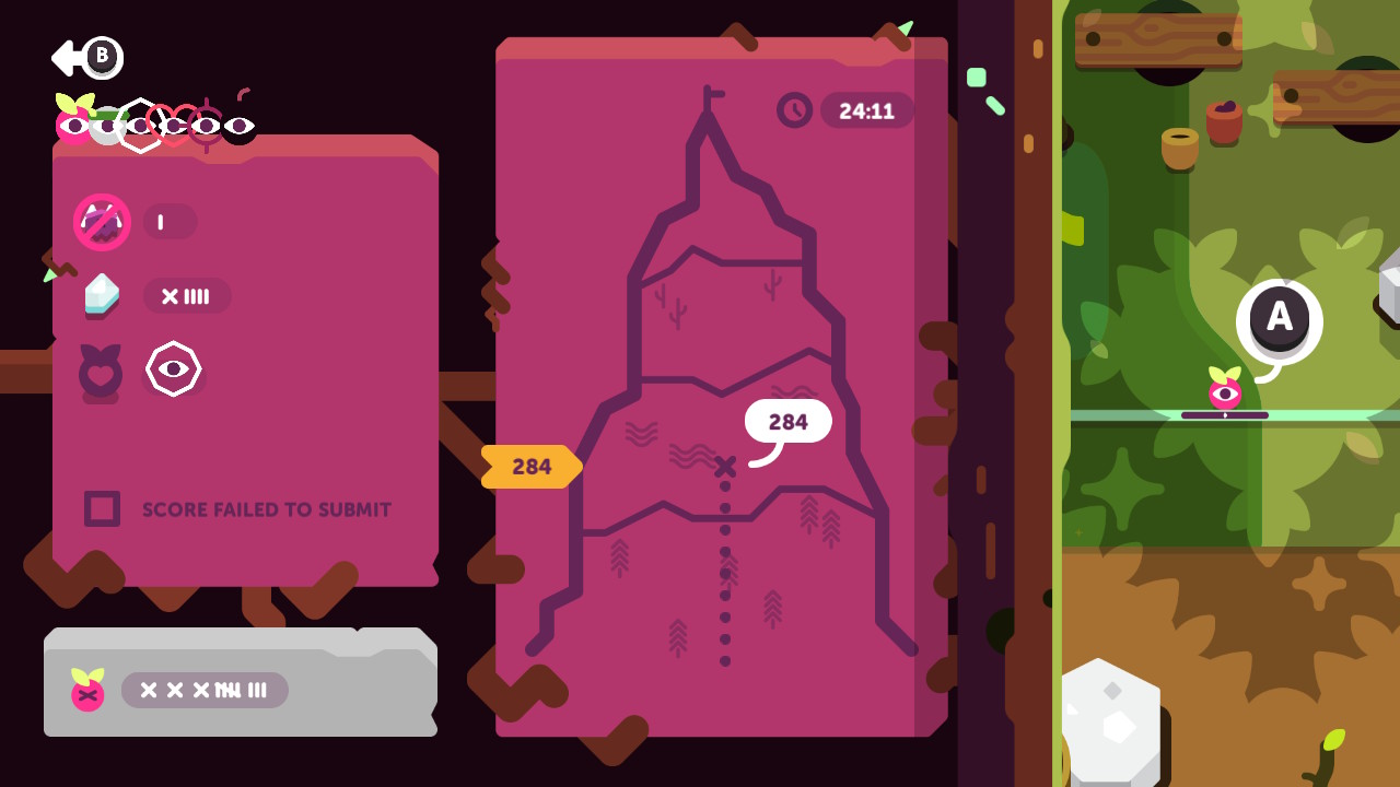 Screenshot: TumbleSeed detailed view of an Adventure mode run having reached 284m in 24:11